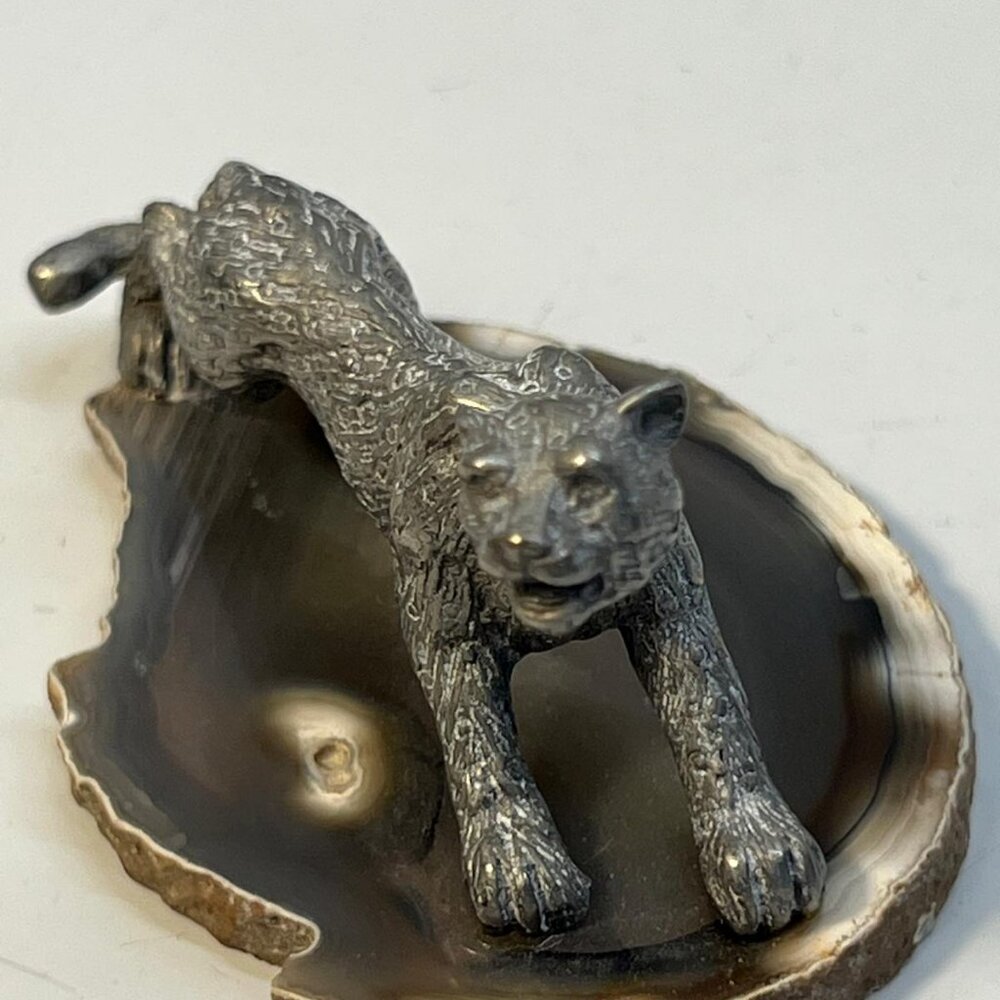 Vintage Metal Panther Figurine on Agate Slice Base Wildlife Statue Decor - Picture 2 of 4